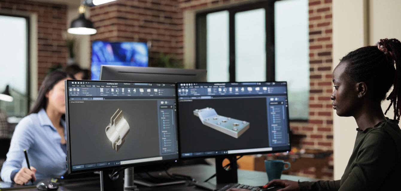 Creative company professional modeler creating 3D model using specialized software.