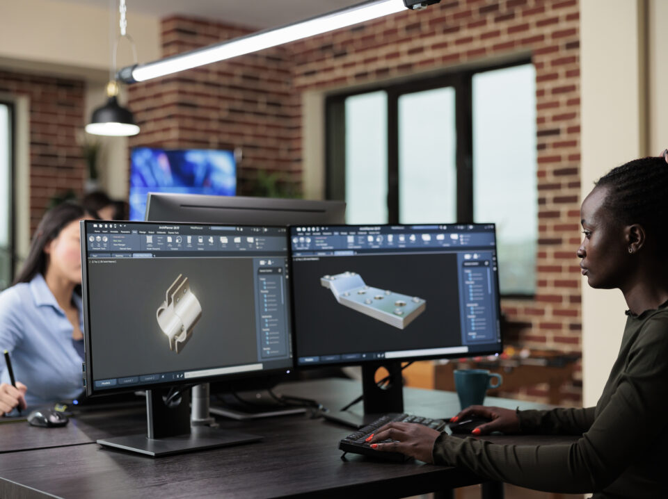 Creative company professional modeler creating 3D model using specialized software.